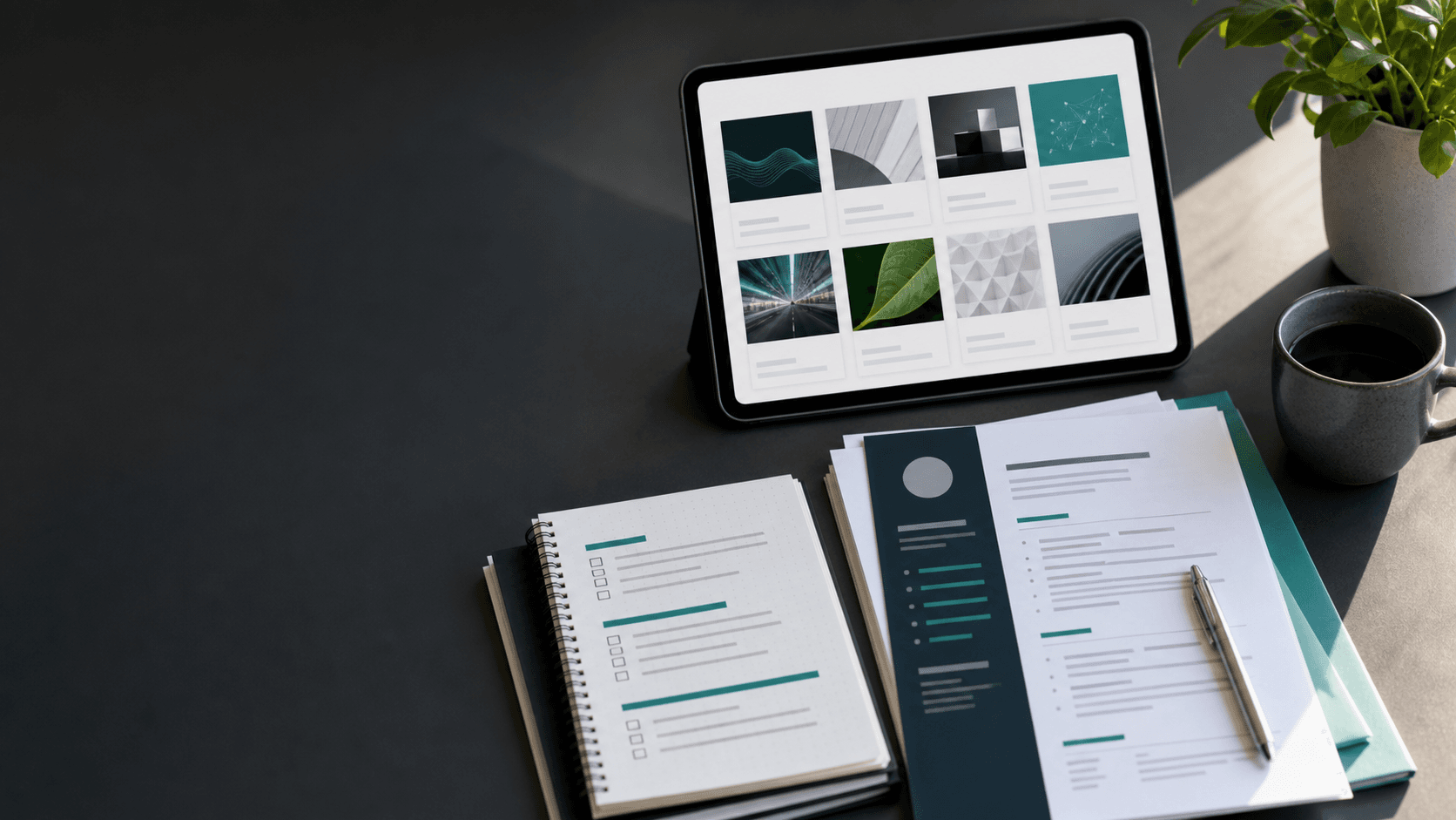Career guides, interview notes and job-search planning resources in a professional workspace